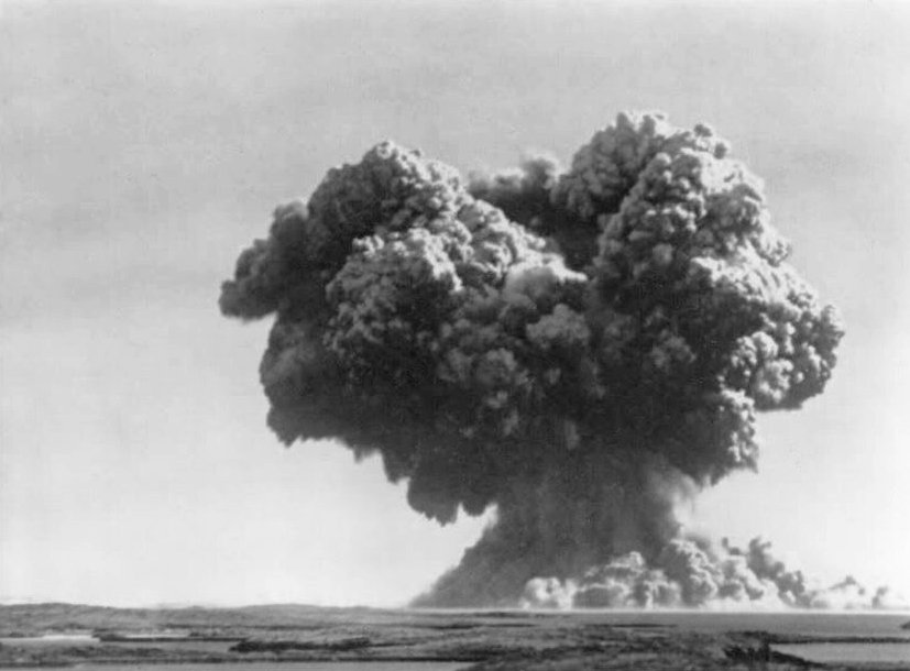 Oct. 3, 1952: 'Operation Hurricane' mushroom cloud rises above Trimouille in the Monte Islands - Photo: Wikipedia, others. 2560. Contained in the hull of the frigate HMS PLYM and detonated almosty 3m below the surface of the sea, Britain's 25kt explosion was of about the same size as Nagasaki.    The ship was used due to Cold War fears that Britain could be attacked by a nuclear weapon smuggled into a strategic poirt by a ship.