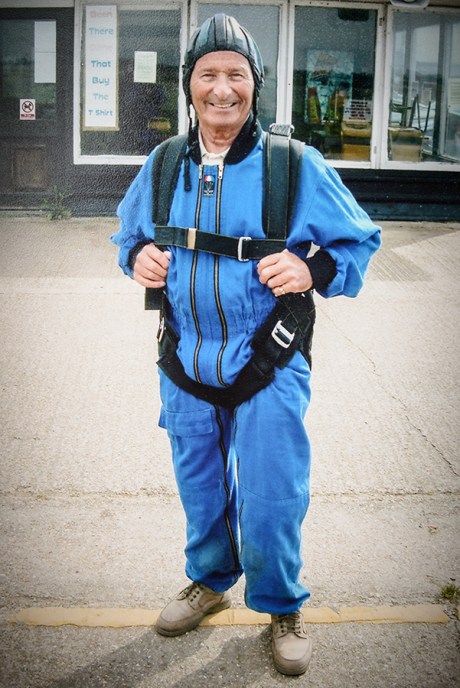 Stanley David preparing for 14000 feet freefall on 80th Birthday 2005