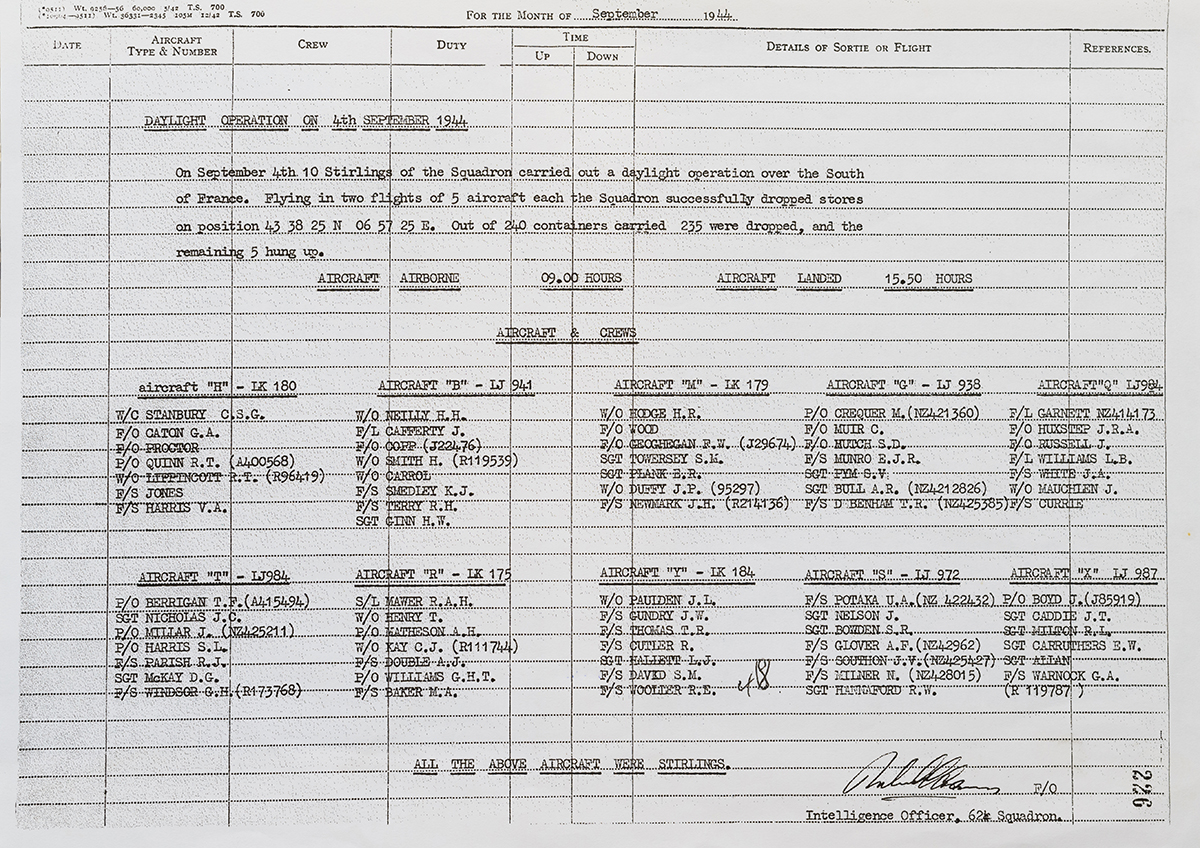 Stanley David Sortie details from final op into occupied France 4th Sept 1944