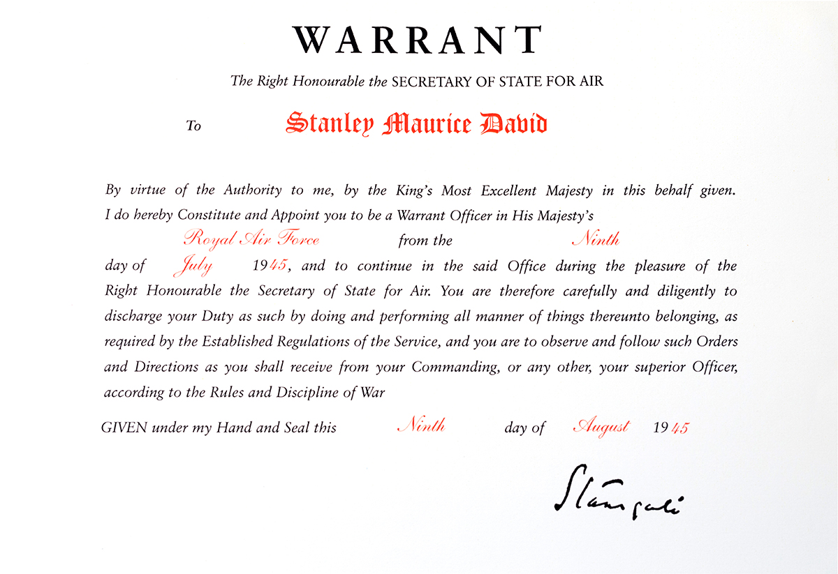 Stanley David appointment as Warrant Officer